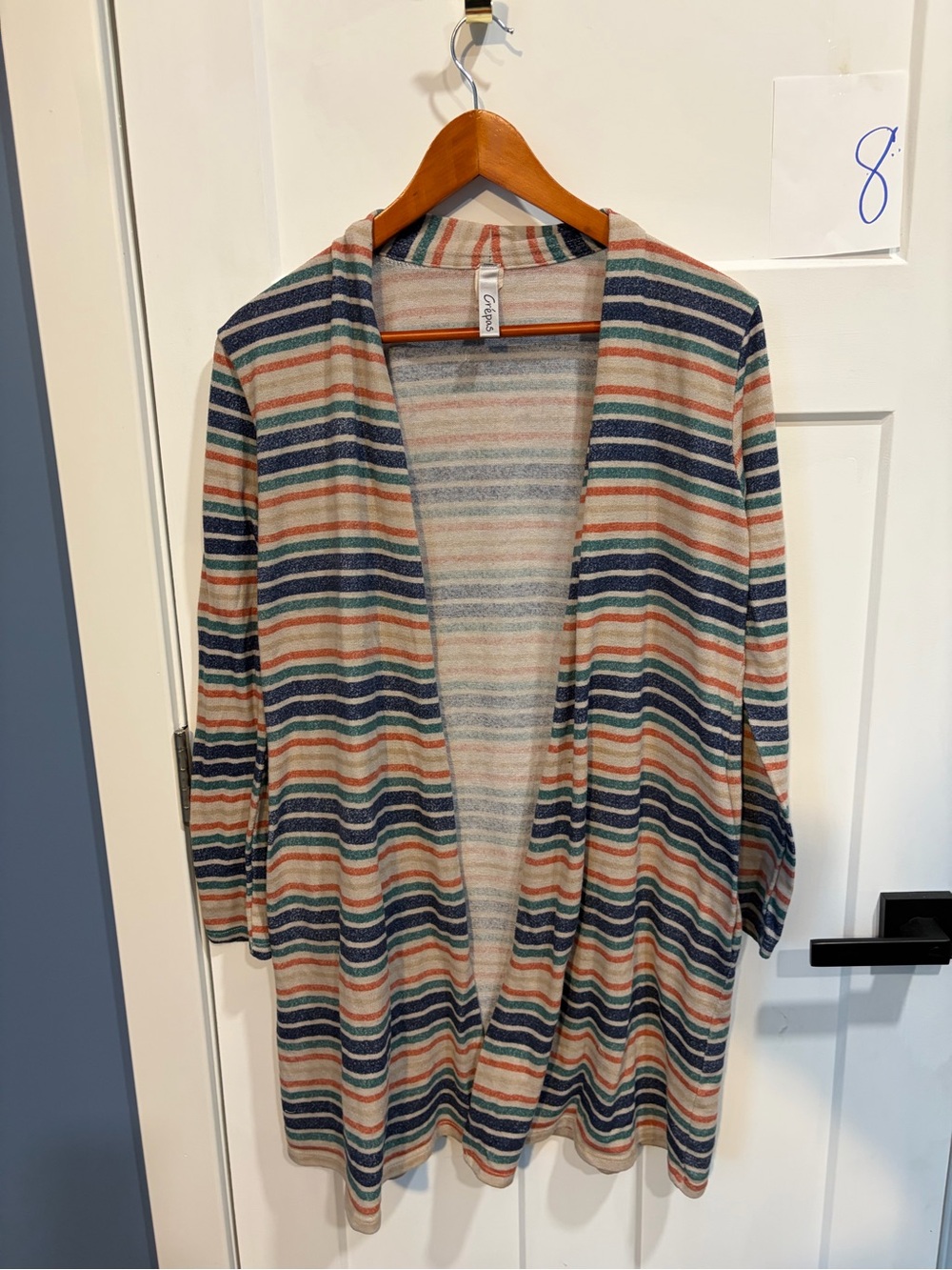 Open-Front Striped Cardigan in Navy, Rust, Teal and Cream